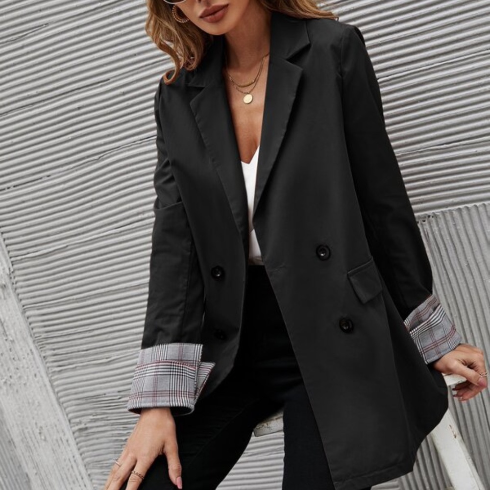 Classic Army Green Plaid Cuff Button Blazer Work - Picture 4 of 10